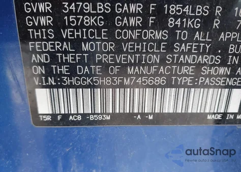 2015 Honda Fit Ex/Ex-L z USA, uszkodzony, nr VIN 3HGGK5H83FM745686